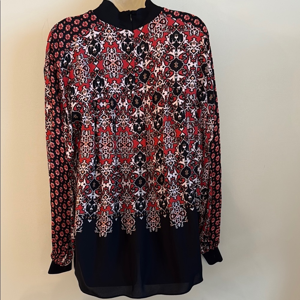 REISS Maisie Patchwork Long Sleeve Printed Blouse Black & Red Career Size 6 - Picture 9 of 14